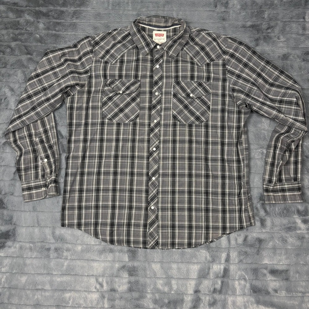 Levis Mens Black Plaid Western Pearl Snap Long Sleeve Shirt 3LMLW0073 Large